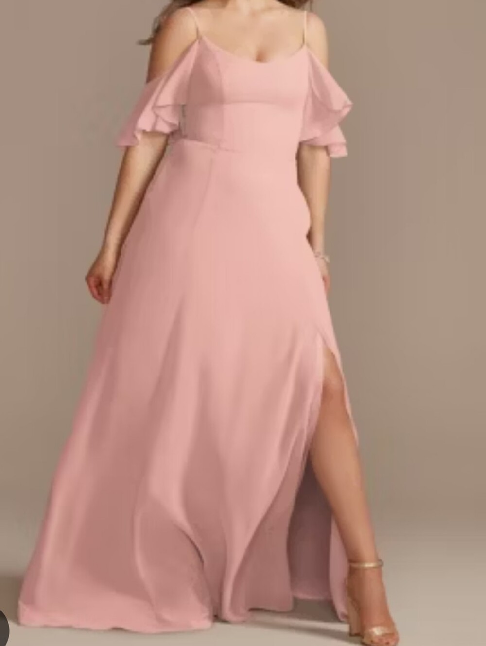 David's Bridal Pink Cold-Shoulder Chiffon Maxi Dress